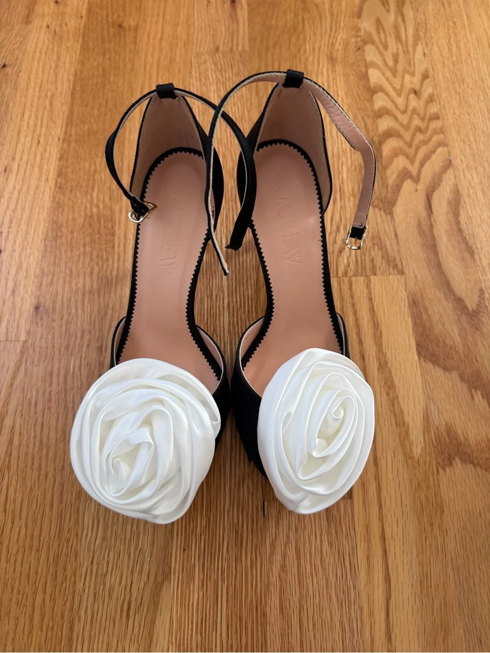 J Crew Black Women’s Ankle-Strap Heels with White Floral Accent (Open Toe)